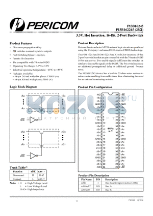 PI3B16224 datasheet - 3.3V, Hot Insertion, 16-Bit, 2-Port BusSwitch