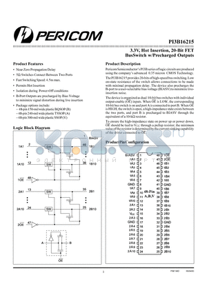 PI3B16215A datasheet - 3.3V, Hot Insertion, 20-Bit FET BusSwitch w/Precharged Outputs