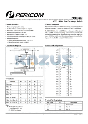 PI3B16213 datasheet - 3.3V, 24-Bit Bus-Exchange Switch
