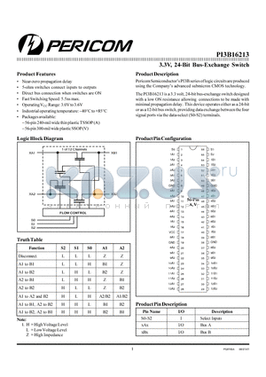 PI3B16213A datasheet - 3.3V, 24-Bit Bus-Exchange Switch