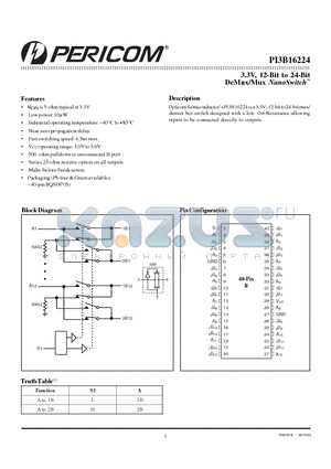 PI3B16224BE datasheet - 3.3V, 12-Bit to 24-Bit DeMux/Mux NanoSwitch