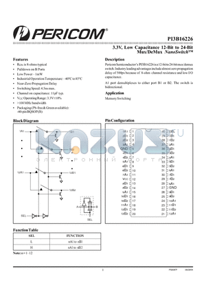 PI3B16226 datasheet - 3.3V, Low Capacitance 12-Bit to 24-Bit Mux/DeMux NanoSwitch