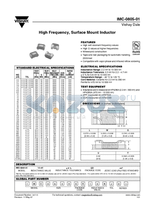 IMC0805ER10NJ01 datasheet - High Frequency, Surface Mount Inductor