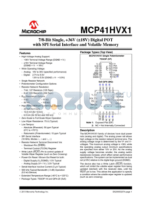 MCP41HVX1 datasheet - 7/8-Bit Single, 36V (a18V) Digital POT with SPI Serial Interface and Volatile Memory