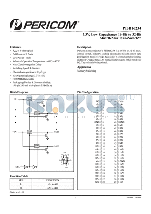 PI3B16234 datasheet - 3.3V, Low Capacitance 16-Bit to 32-Bit