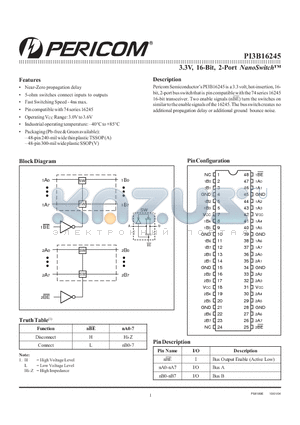 PI3B16245AE datasheet - 3.3V, 16-Bit, 2-Port NanoSwitch