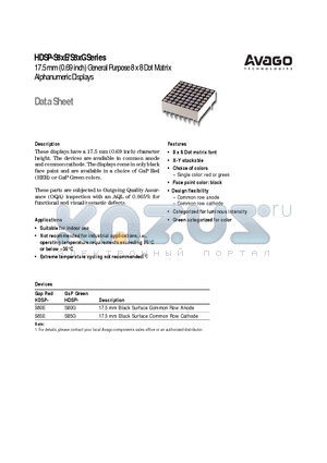 HDSP-S80E datasheet - 17.5 mm (0.69 inch) General Purpose 8 x 8 Dot Matrix Alphanumeric Displays