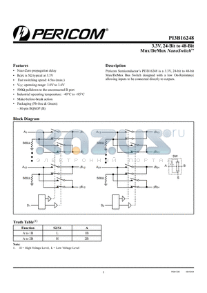 PI3B16248BE datasheet - 3.3V, 24-Bit to 48-BitMux/DeMux NanoSwitch