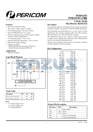 PI3B16292 datasheet - 3.3Volt, 24-Bit Mux/Demux BusSwitch