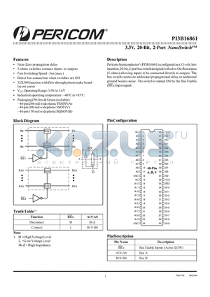 PI3B16861 datasheet - 3.3V, 20-Bit, 2-Port NanoSwitch