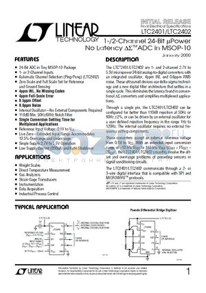 LTC2401CMS datasheet - 1-/2-Channel 24-Bit uPower No Latency ADC in MSOP-10