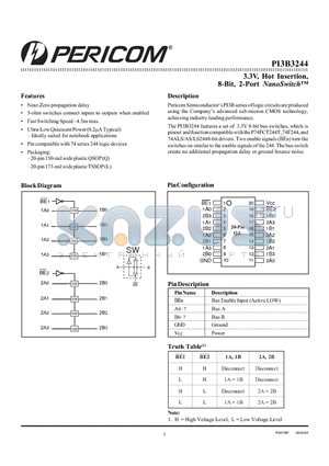 PI3B3244L datasheet - 3.3V, Hot Insertion, 8-Bit, 2-Port NanoSwitch