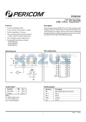 PI3B3245QE datasheet - 3.3V, Hot Insertion 8-Bit, 2-Port, NanoSwitch