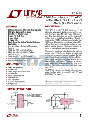 LTC2410 datasheet - 24-Bit No Latency DSTM ADC with Differential Input and Differential Reference