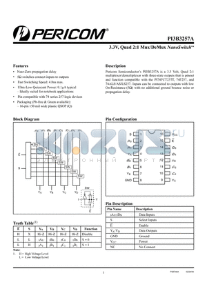 PI3B3257AQE datasheet - 3.3V, Quad 2:1 Mux/DeMux NanoSwitch