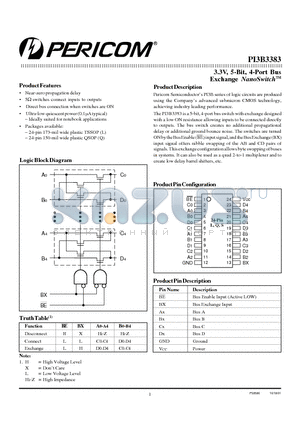 PI3B3383Q datasheet - 3.3V, 5-Bit, 4-Port Bus Exchange NanoSwitch