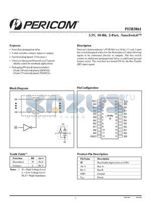 PI3B3861QE datasheet - 3.3V, 10-Bit, 2-Port, NanoSwitch