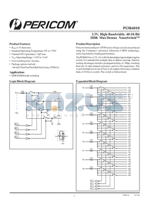 PI3B4010 datasheet - 3.3V, High-Bandwidth, 40:10-Bit DDR Mux/Demux NanoSwitch