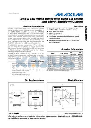 MAX4090AAXT-T datasheet - 3V/5V, 6dB Video Buffer with Sync-Tip Clamp and 150nA Shutdown Current