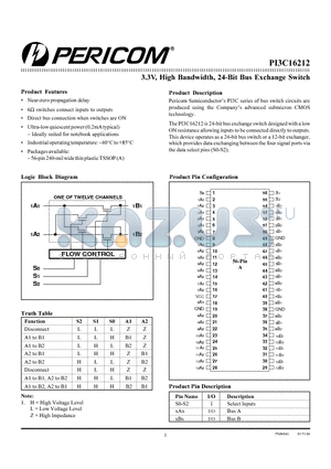 PI3C16212A datasheet - 3.3V, High Bandwidth, 24-Bit Bus Exchange Switch