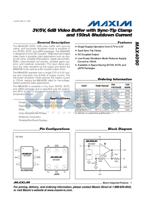 MAX4090AALT-T datasheet - 3V/5V, 6dB Video Buffer with Sync-Tip Clamp and 150nA Shutdown Current