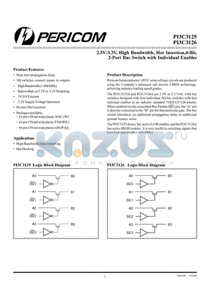 PI3C3126 datasheet - 2.5V/3.3V, High Bandwidth, Hot Insertion,4-Bit, 2-Port Bus Switch with Individual Enables