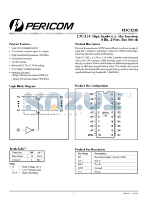 PI3C3245L datasheet - 2.5V/3.3V, High Bandwidth, Hot Insertion 8-Bit, 2-Port, Bus Switch