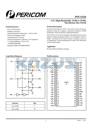 PI3C16226B datasheet - 3.3V, High-Bandwidth, 12-Bit to 24-Bit Mux/Demux Bus Switch