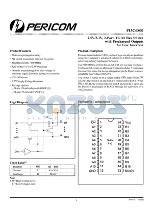 PI3C6800L datasheet - 2.5V/3.3V, 2-Port, 10-Bit Bus Switch with Precharged Outputs for Live Insertion