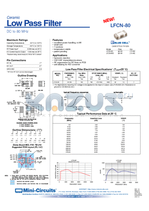 LFCN-80 datasheet - Ceramic Low Pass Filter DC to 80 MHz