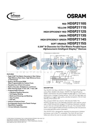 HDSP2115S datasheet - 8-Character 5x7 Dot Matrix Parallel Input Alphanumeric Intelligent Display