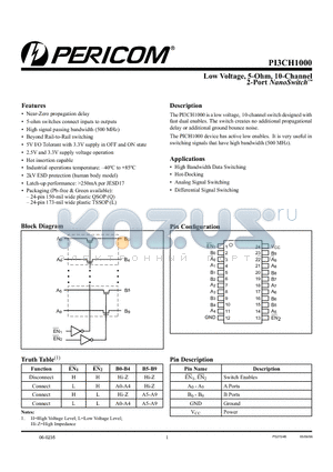 PI3CH1000 datasheet - Low Voltage, 5-Ohm, 10-Channel 2-Port NanoSwitch