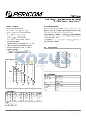 PI3CH480L datasheet - Low Voltage, High-Bandwidth, 4-Channel 2:1 Mux/Demux, NanoSwitch