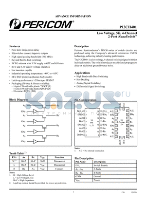 PI3CH401ZHE datasheet - Low Voltage, 5Y, 4-Channel 2-Port NanoSwitch