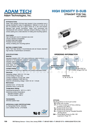 HDT15ST datasheet - HIGH DENSITY D-SUB STRAIGHT PCB TAIL