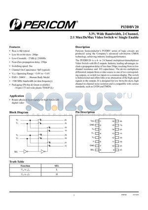 PI3DBV20L datasheet - 3.3V, Wide Bandwidth, 2-Channel, 2:1 Mux/DeMux Video Switch w/ Single Enable