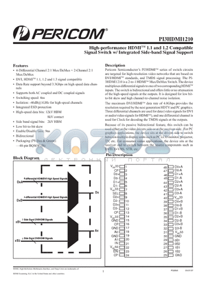 PI3HDMI1210 datasheet - High-performance HDMITM 1.1 and 1.2 Compatible Signal Switch w/ Integrated Side-band Signal Support