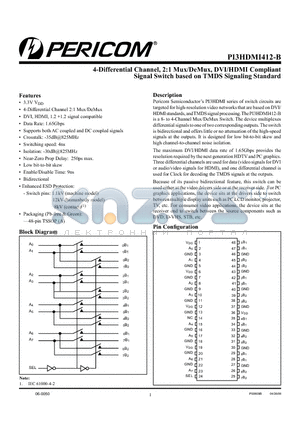 PI3HDMI412-BAE datasheet - 4-Differential Channel, 2:1 Mux/DeMux, DVI/HDMI Compliant Signal Switch based on TMDS Signaling Standard