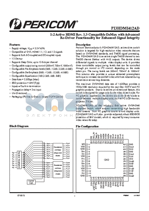 PI3HDMI412AD datasheet - 1:2 Active HDMI Rev. 1.3 Compatible DeMux with Advanced Re-Driver Functionality for Enhanced Signal Integrity