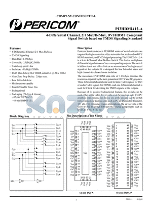 PI3HDMI412-ABE datasheet - 4-Differential Channel, 2:1 Mux/DeMux, DVI/HDMI Compliant Signal Switch based on TMDS Signaling Standard