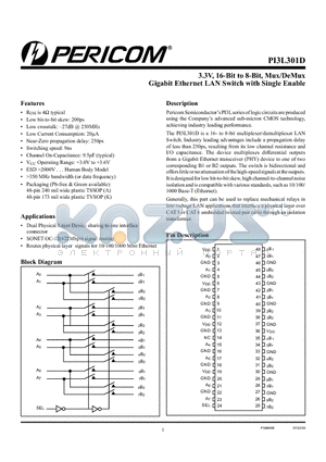 PI3L301DK datasheet - 3.3V, 16-Bit to 8-Bit, Mux/DeMux Gigabit Ethernet LAN Switch with Single Enable