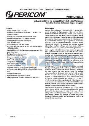 PI3HDMI341AR datasheet - 3:1 Active HDMI 1.3 Compatible Switch with Optimized Equalization for Enhanced Signal Integrity