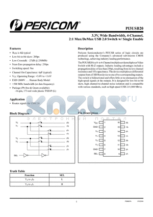 PI3USB20 datasheet - 3.3V, Wide Bandwidth, 4-Channel, 2:1 Mux/DeMux USB 2.0 Switch w/ SiNGLE ENABLE