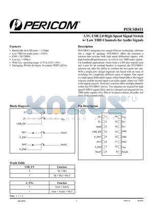 PI3USB411ZJE datasheet - 3.3V, USB 2.0 High-Speed Signal Switch w/ Low THD Channels for Audio Signals