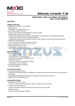 MX29LV640DTTC-90G datasheet - 64M-BIT [8M x 8/4M x 16] SINGLE VOLTAGE 3V