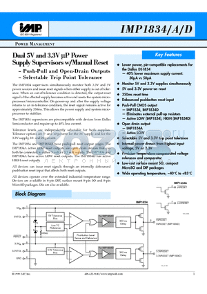 IMP183834 datasheet - Dual 5V and 3.3V uP Power Supply Supervisors w/Manual Reset