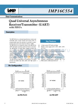 IMP16C554-CJ68 datasheet - Quad Universal Asynchronous Receiver/Transmitter (UART) with FIFOs