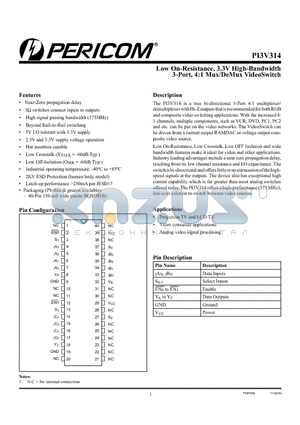 PI3V314BE datasheet - Low On-Resistance, 3.3V High-Bandwidth 3-Port, 4:1 Mux/DeMux VideoSwitch