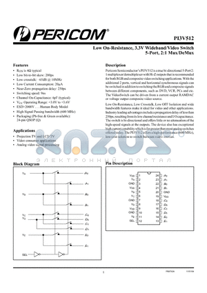 PI3V512 datasheet - Low On-Resistance, 3.3V Wideband/Video Switch 5-Port, 2:1 Mux/DeMux