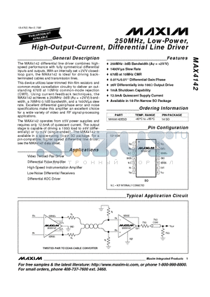 MAX4142 datasheet - 250MHz, Low-Power, High-Output-Current, Differential Line Driver